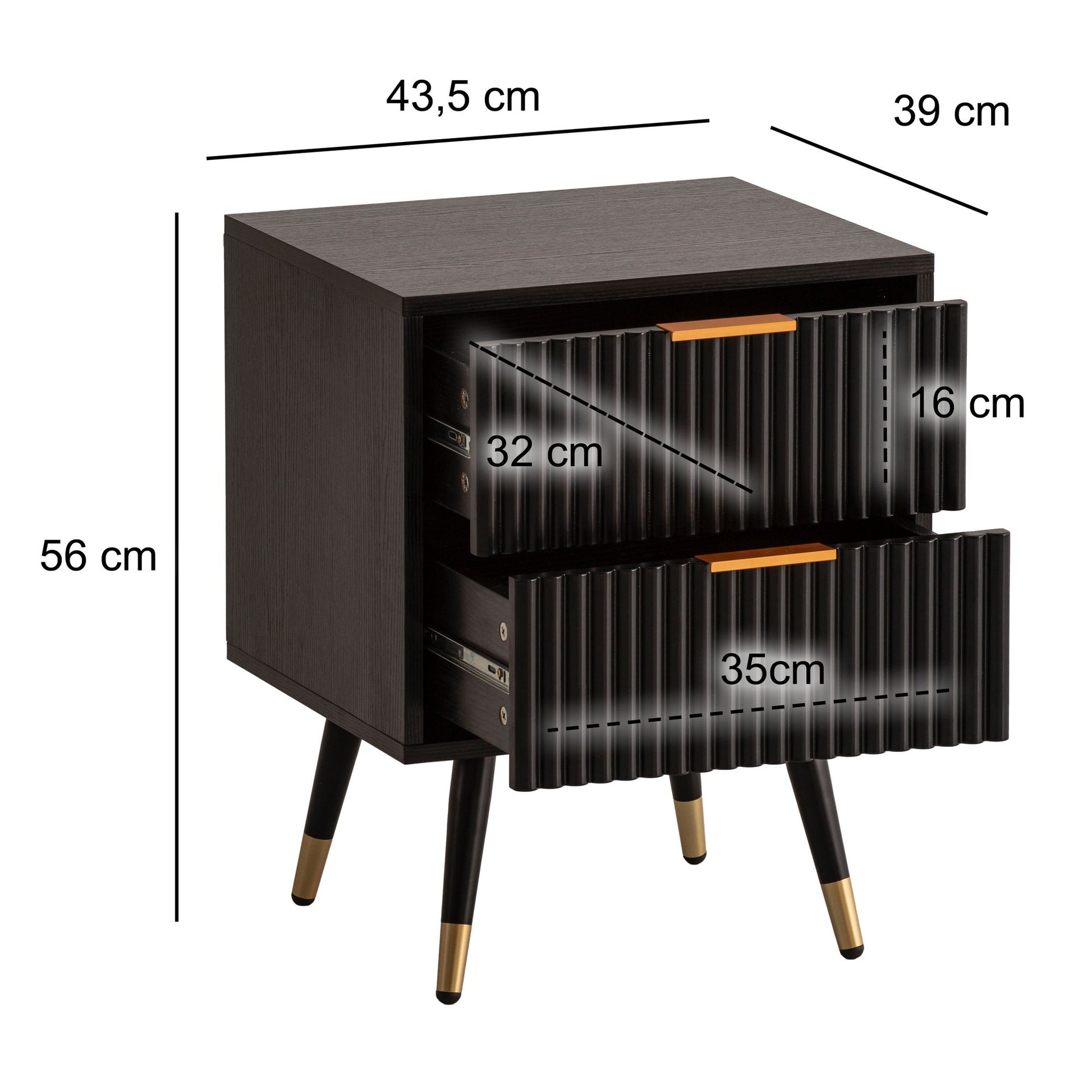 Nancy's Águas Nachtkastje met twee lades - Zwart / Goud - ± 45 x40 x 55 cm