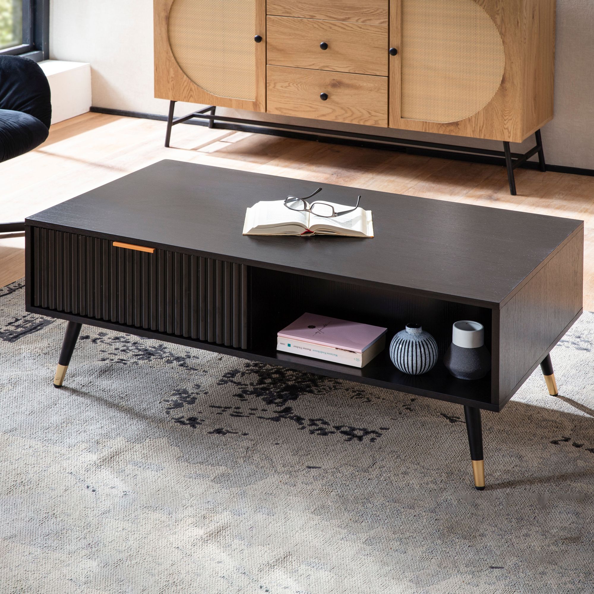 Nancy's Odeceixe Coffee Table - Coffee Table - Black / Gold - Oak Look / Steel - ± 110 x 60 x 40 cm