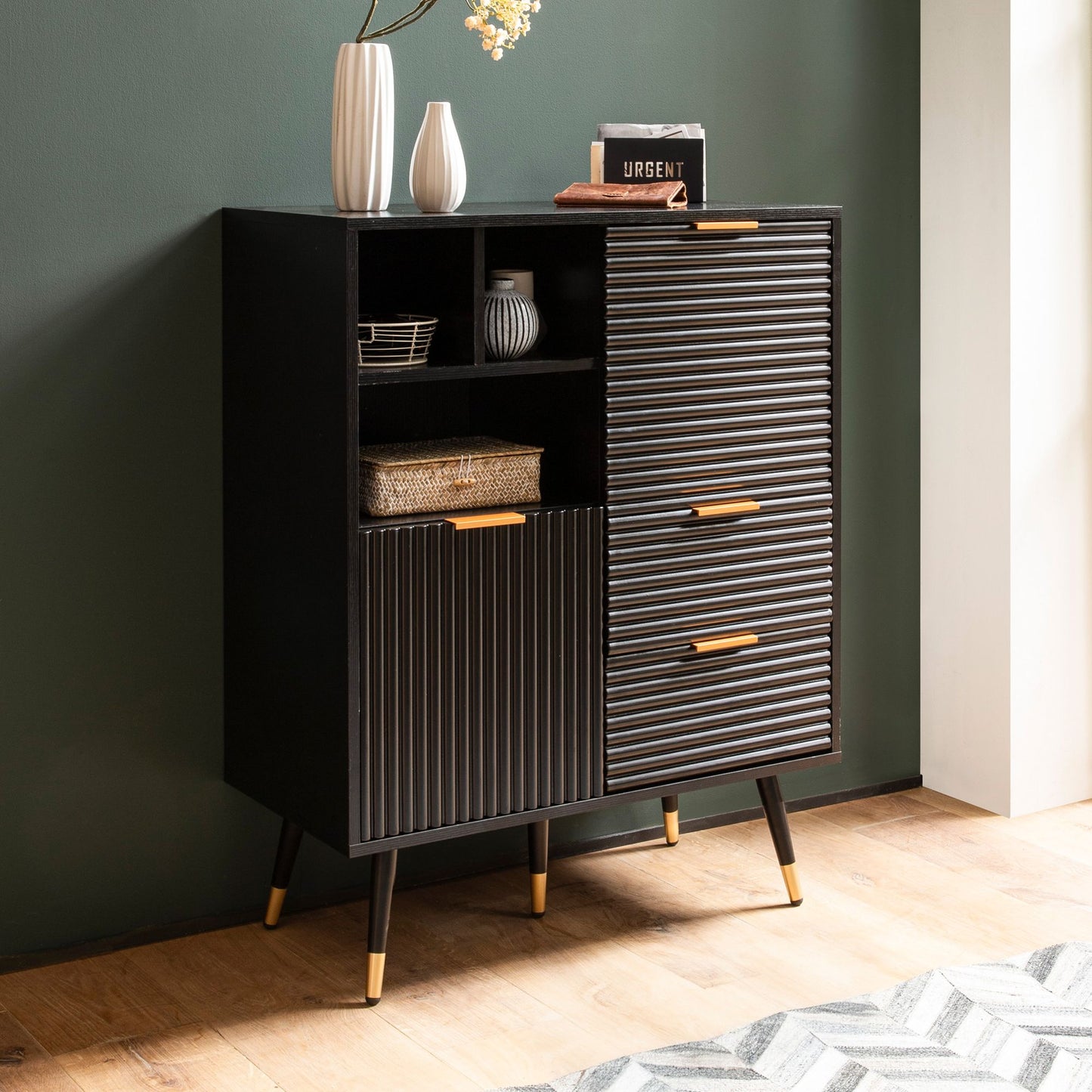 Nancy's Pinhao Commode - Dressoir - Ladekast - Zwart / Goud - Eik-look / Staal - ± 80 x 40 x 100 cm