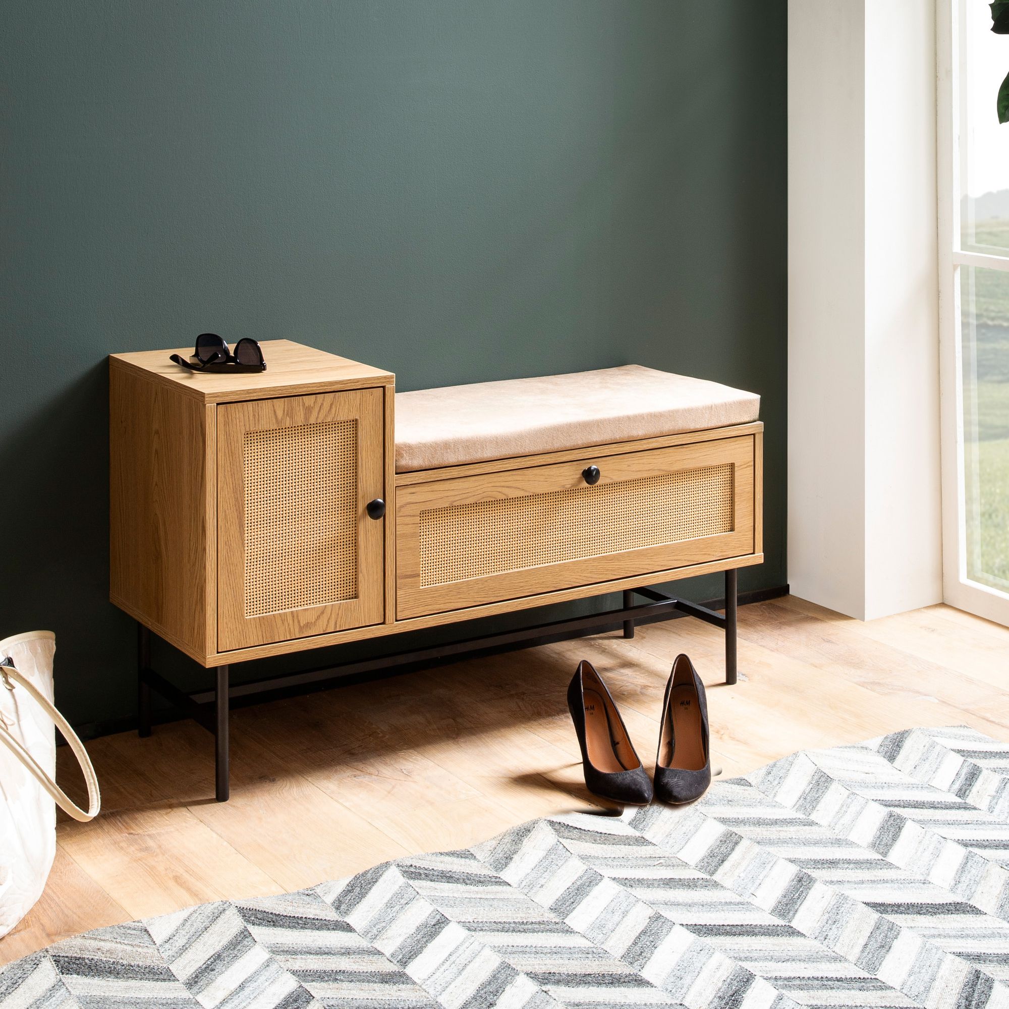 Nancy's Aljustrel Shoe Bench - Hallway Bench - Storage Bench - Oak Colored - Rattan - ± 100 x 40 x 60 cm