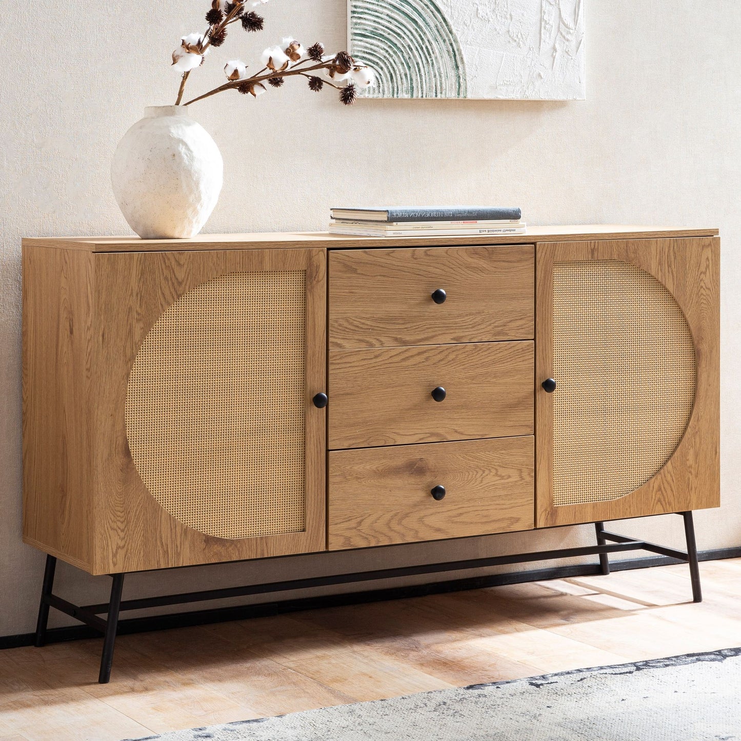 Nancy's Negrilhos Dressoir - Opbergkast - Sideboard - Bruin / Zwart - Eikenlook / Rotan - 140 x 40 x 80 cm