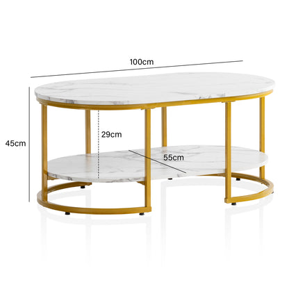 Nancy's Oleiros Salontafel - Koffietafel - Wit / Goud - Marmerlook / Staal - 100 x 60 x 45 cm