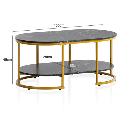 Nancy's Oleiros Salontafel - Koffietafel - Zwart / Goud - Marmerlook / Staal - 100 x 60 x 45 cm