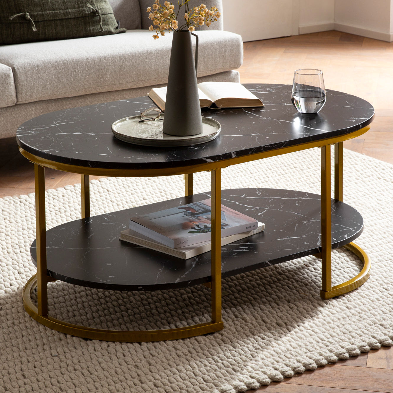 Nancy's Oleiros Salontafel - Koffietafel - Zwart / Goud - Marmerlook / Staal - 100 x 60 x 45 cm