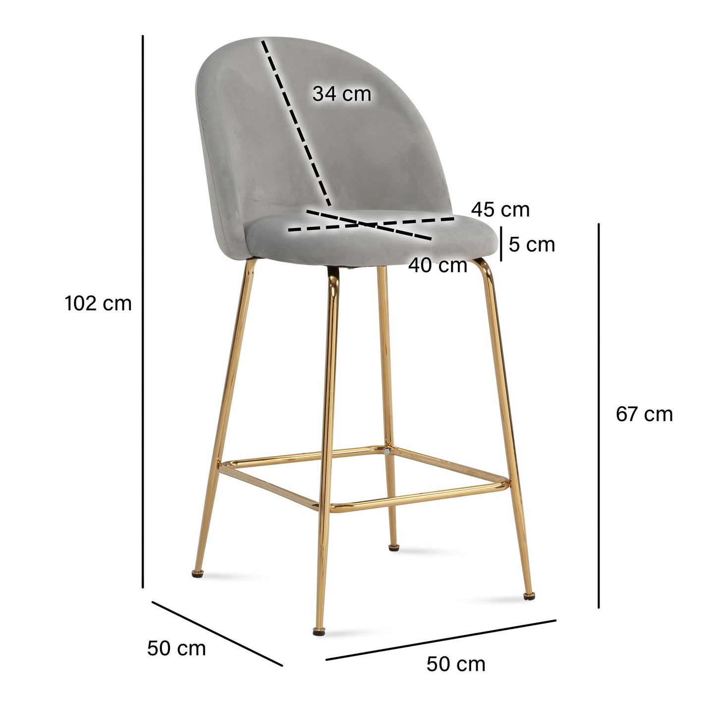 Nancy's Zibreira Barkruk - Barstoel - Set van 2 - Grijs / Goud - Fluweel - 50 x 50 x 102 cm