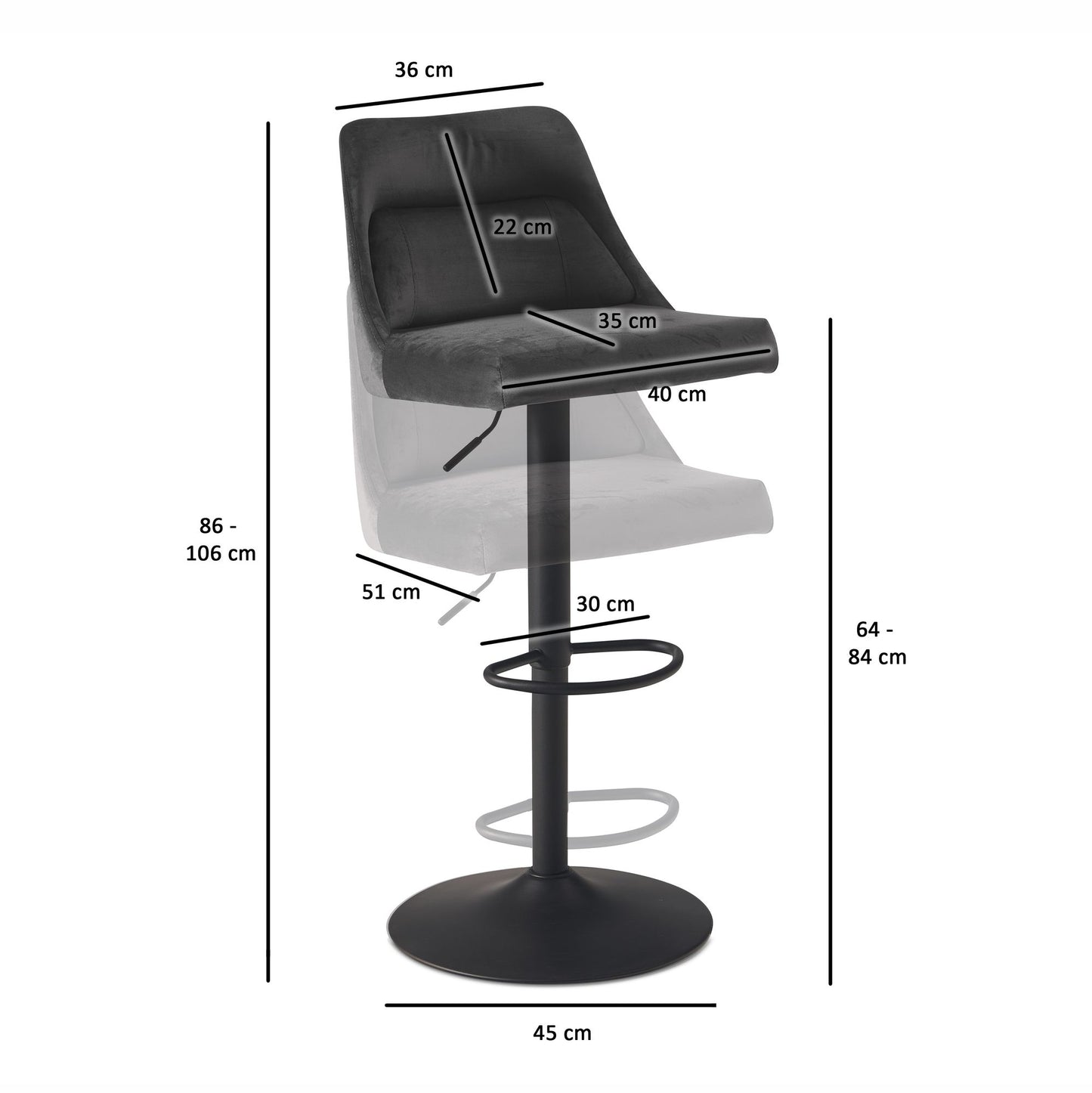 Nancy's Vouzela Bar Stool - Bar Chair - Gray / Black - Velvet - 45 x 51 x 86-106 cm