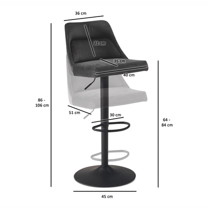 Nancy's Vouzela Barkruk - Barstoel - Grijs / Zwart - Fluweel - 45 x 51 x 86-106 cm