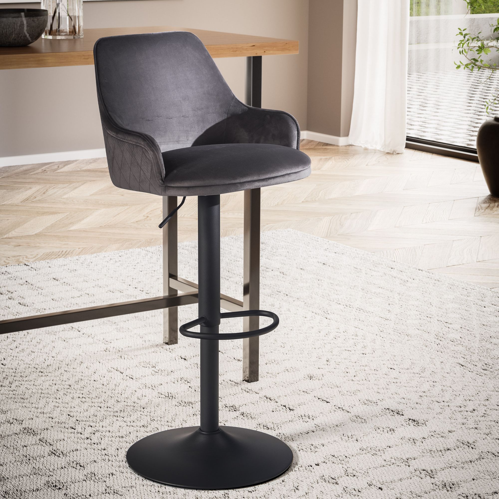 Nancy's Igreja Bar Stool - Bar Chair - Height adjustable - Gray / Black - Velvet - 45 x 45 x 86-106cm