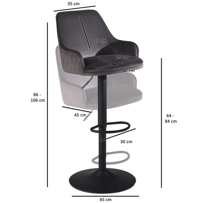 Tabouret de bar Nancy's Igreja - Chaise de bar - Hauteur réglable - Gris / Noir - Velours - 45 x 45 x 86-106 cm