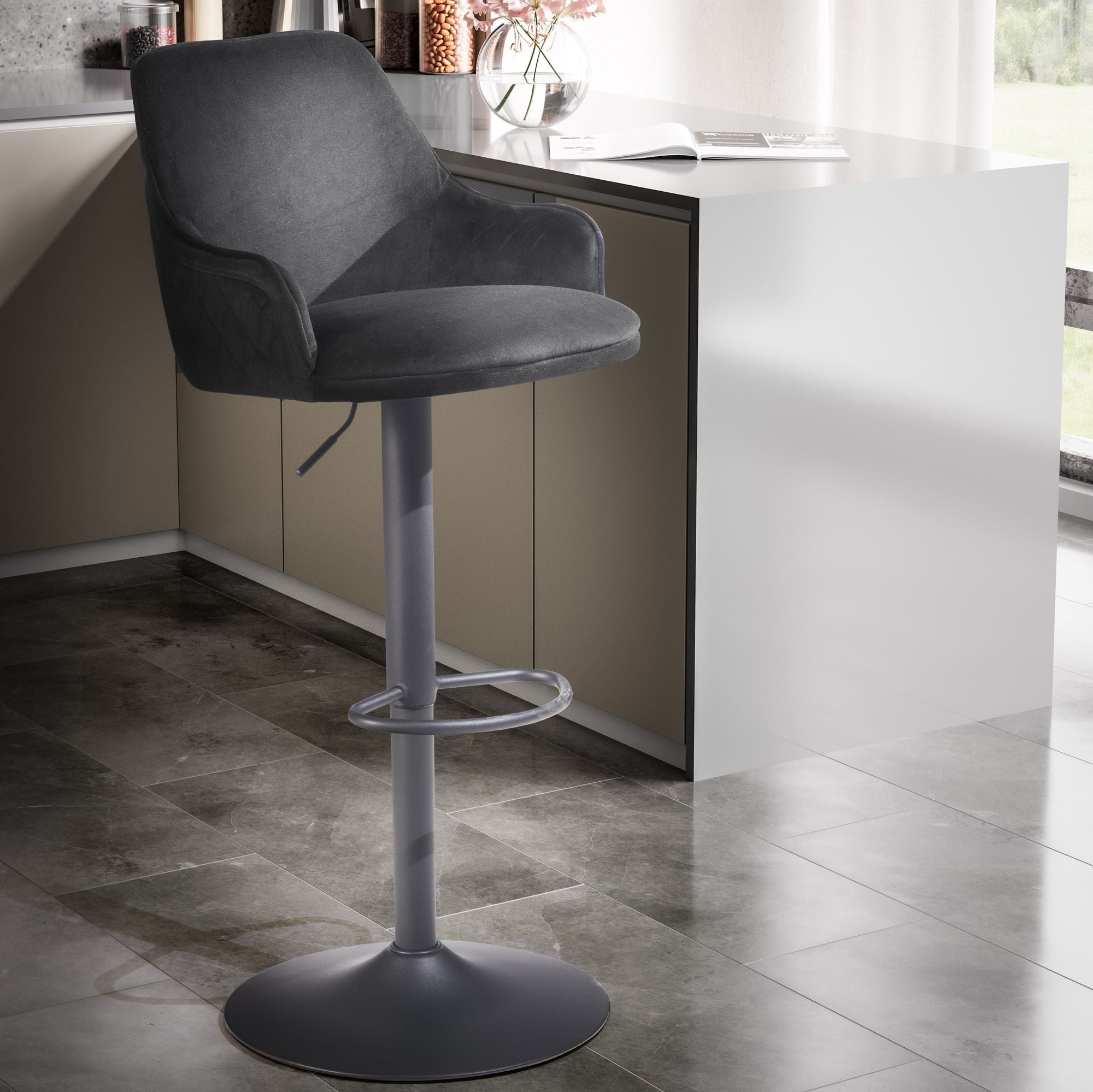 Nancy's Igreja Bar Stool - Bar Chair - Height adjustable - Black - Velvet - 45 x 45 x 86-106cm