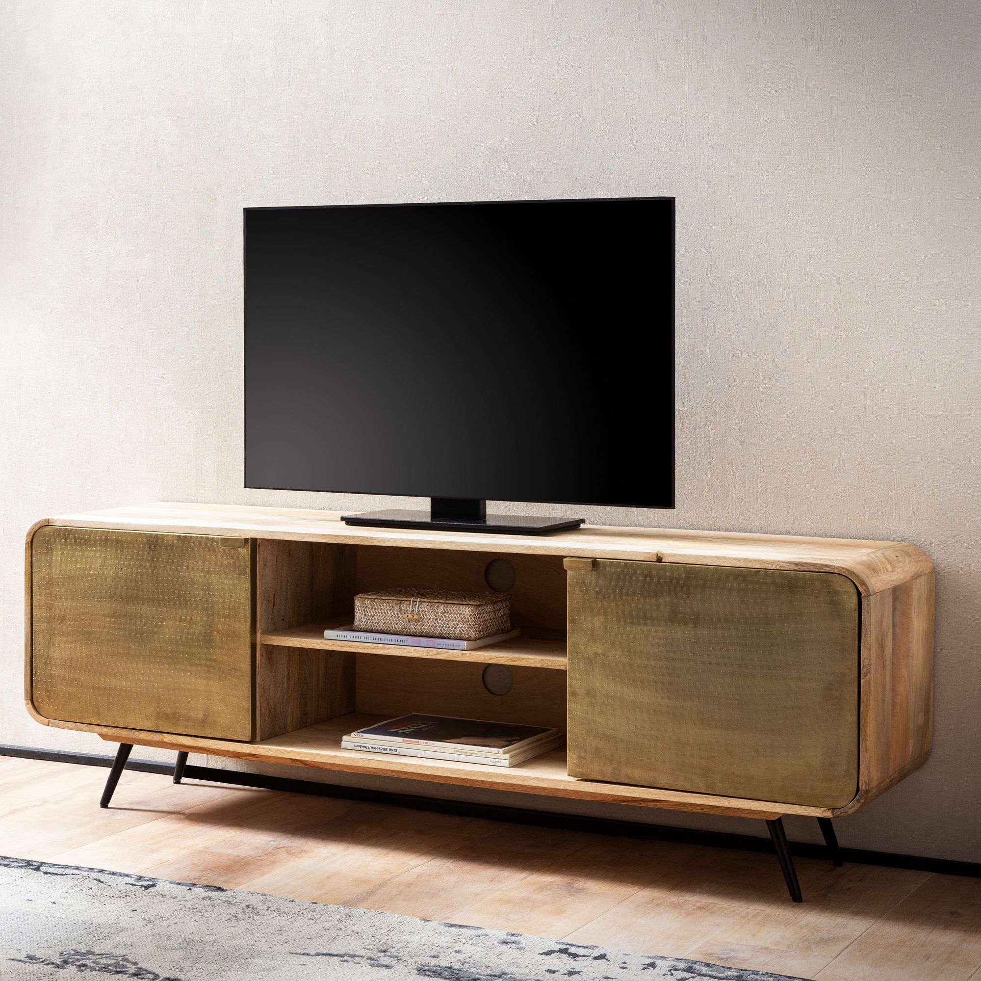 Nancy's Macada TV Meubel - TV Kast - Lowboard - Bruin / Goud - Massief Mangohout / Staal - ± 160 x 40 x 55 cm