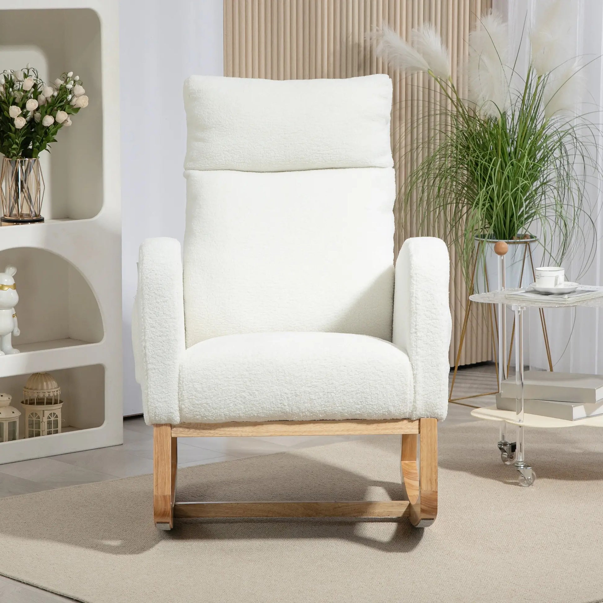 Nancy's Corujeira Schommelstoel - Loungestoel - Relaxstoel - Roomwit - Teddyfleece / Beukenhout