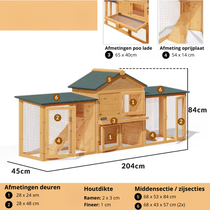 Nancy's Acqualagna Konijnenhok - Dierenverblijf - Knaagdierenkooi - 2 Verdiepingen - Hout - ± 200 x 45 x 85 cm