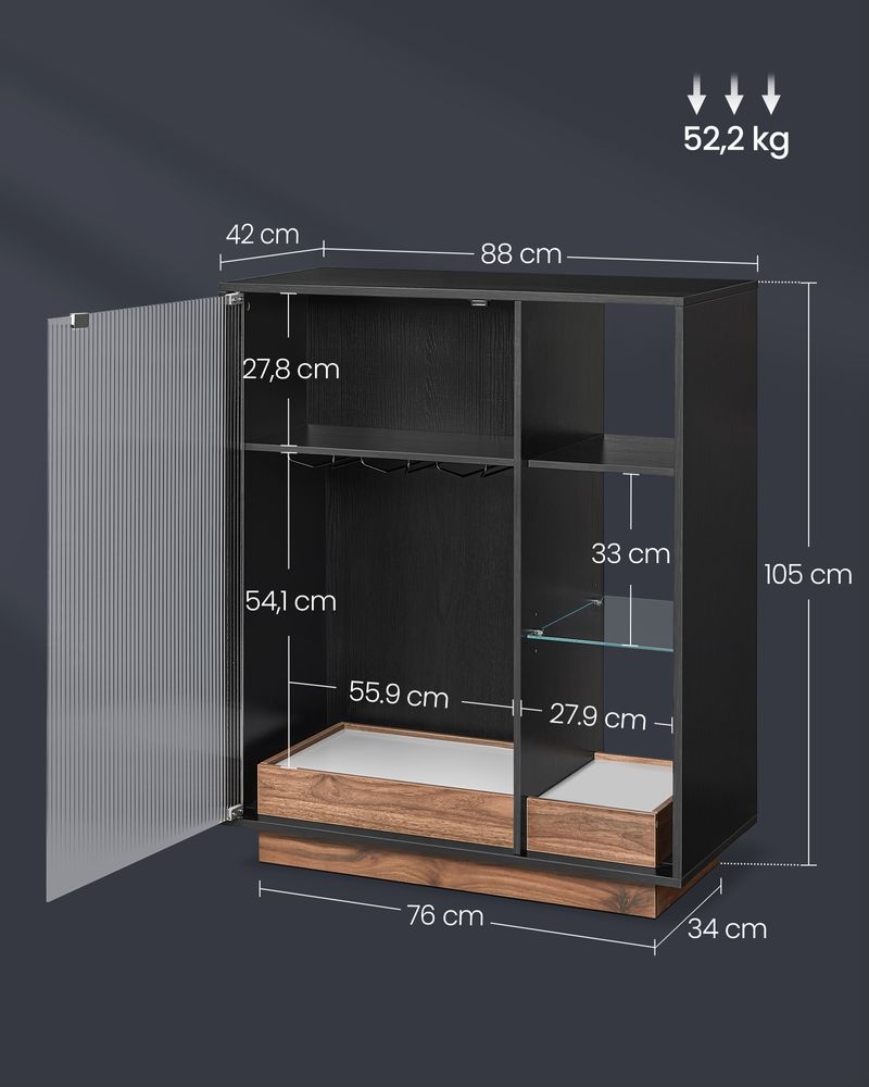 Nancy's Lodares Wandkast - Opbergkast - Drankkast - Dressoir - LED Verlichting - Glazenrek - Zwart - ± 40 x 90 x 105 cm