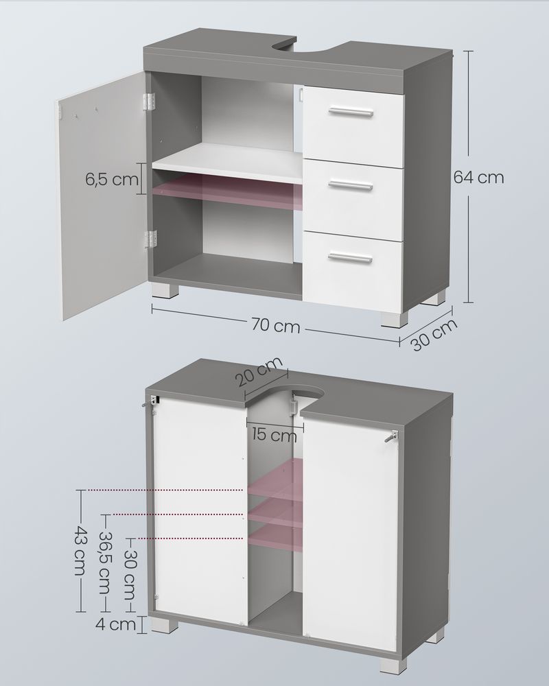 Nancy's Bolsover Wastafelonderkast Grijs Met Wit - Badkamermeubel - Wastafelmeubel - Wastafelkast Modern - 70 x 30 x 64 cm