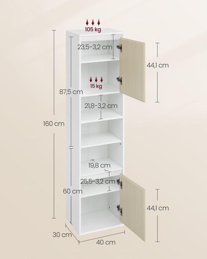 Nancy's Recardaes Badkamerkast - Badkamermeubel - Wit / Beige - 30 x 40 x 160 cm