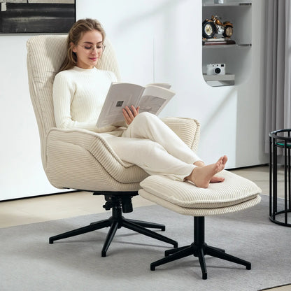 Nancy's Labrujó Relaxfauteuil met Voetenbank - Loungestoel - Relaxstoel - Draaibaar - Beige - Ribfluweel