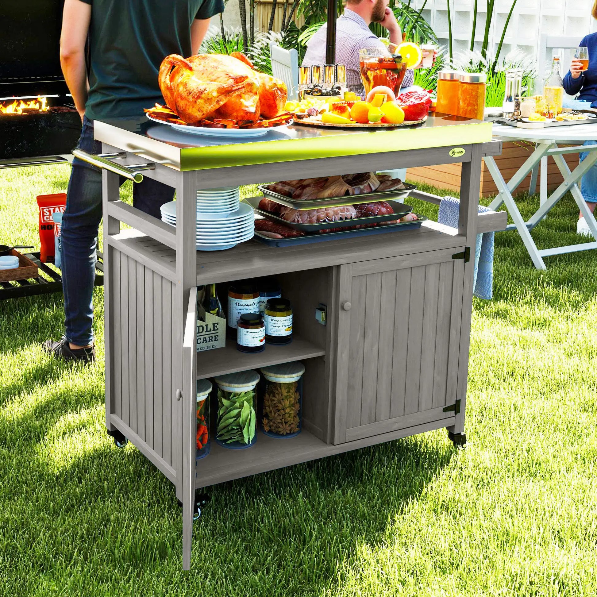 Nancy's Cisano Serveerwagen - Barbecuetrolley - Trolley voor buiten - Grijs - RVS / Dennenhout - ± 110 x 50 x 90 cm