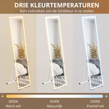 Nancy's Felix Staande Spiegel - Kledingspiegel - Wandspiegel - Met LED Verlichting - Wit - ± 40 x 150 cm