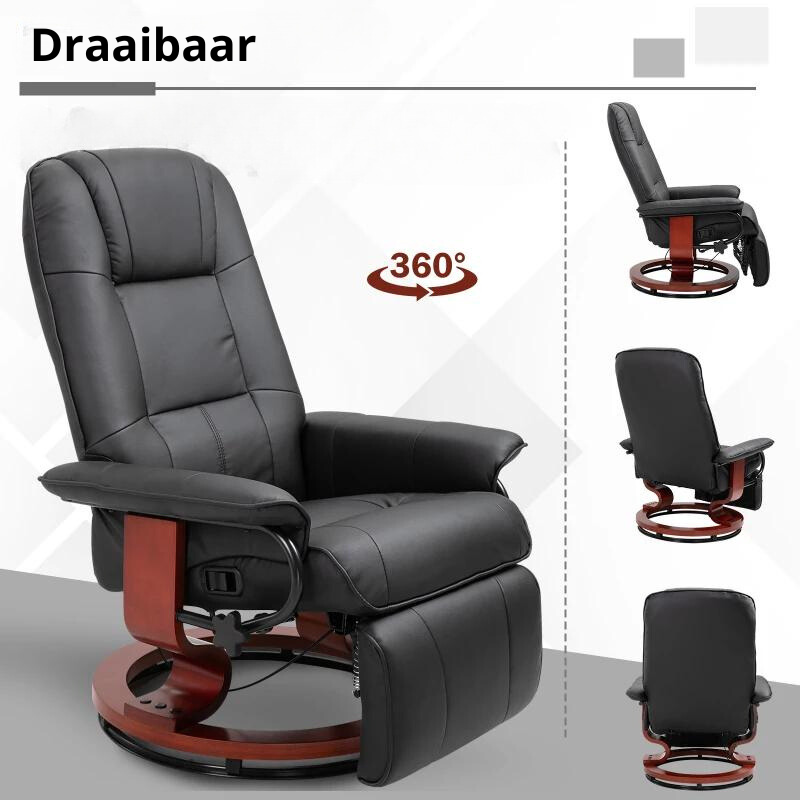 Nancy's Mayfield Relaxfauteuil - Ligstoel - Kunstleer - Voetensteun - Draaibaar - Kantelbaar - Hout - Zwart