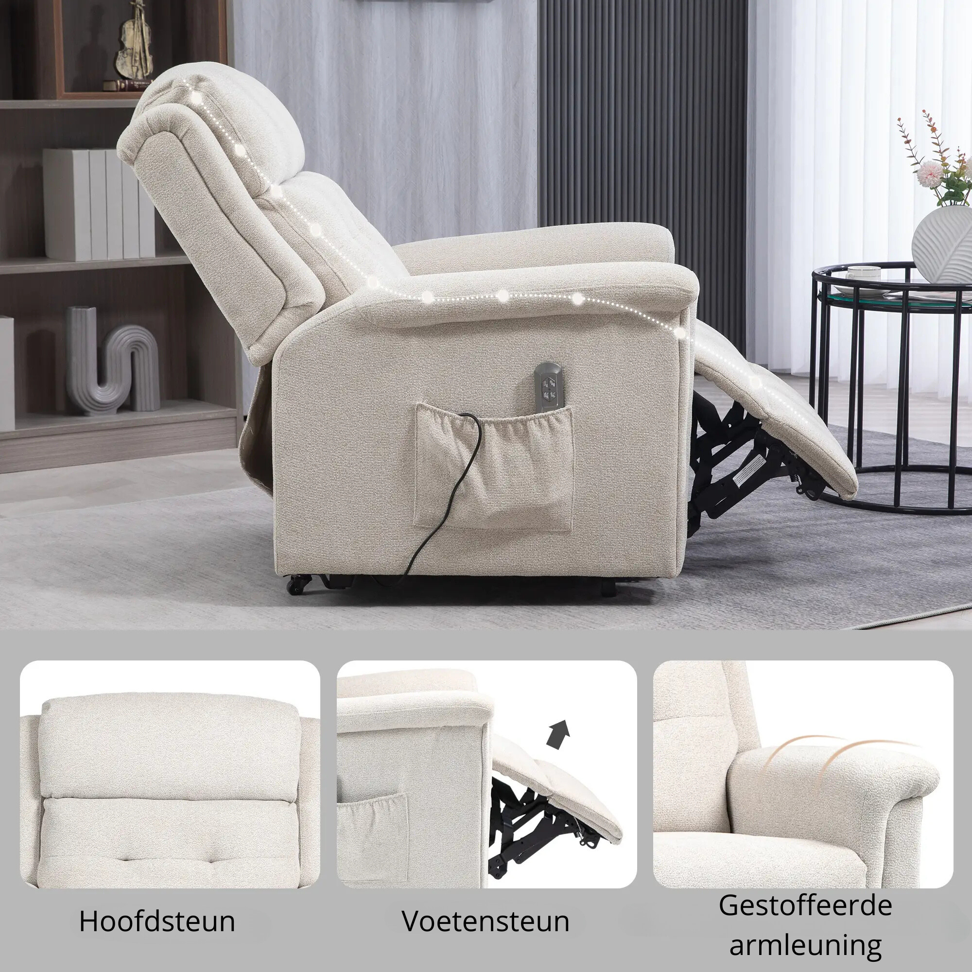 Nancy's Goncalo Sta op stoel - Opsta stoel - Seniorenstoel - Relaxfauteuil - Roomwit - Linnen