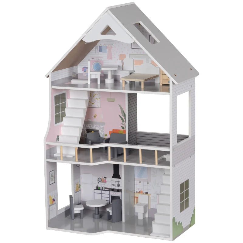 Nancy's Pechao Poppenhuis - Speelhuis - Inclusief Accessoires - Grijs - Dennenhout