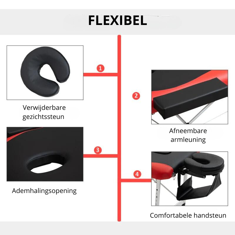 Nancy's Alzano Massagetafel - Behandeltafel - In hoogte verstelbaar - Opvouwbaar - Zwart / Rood