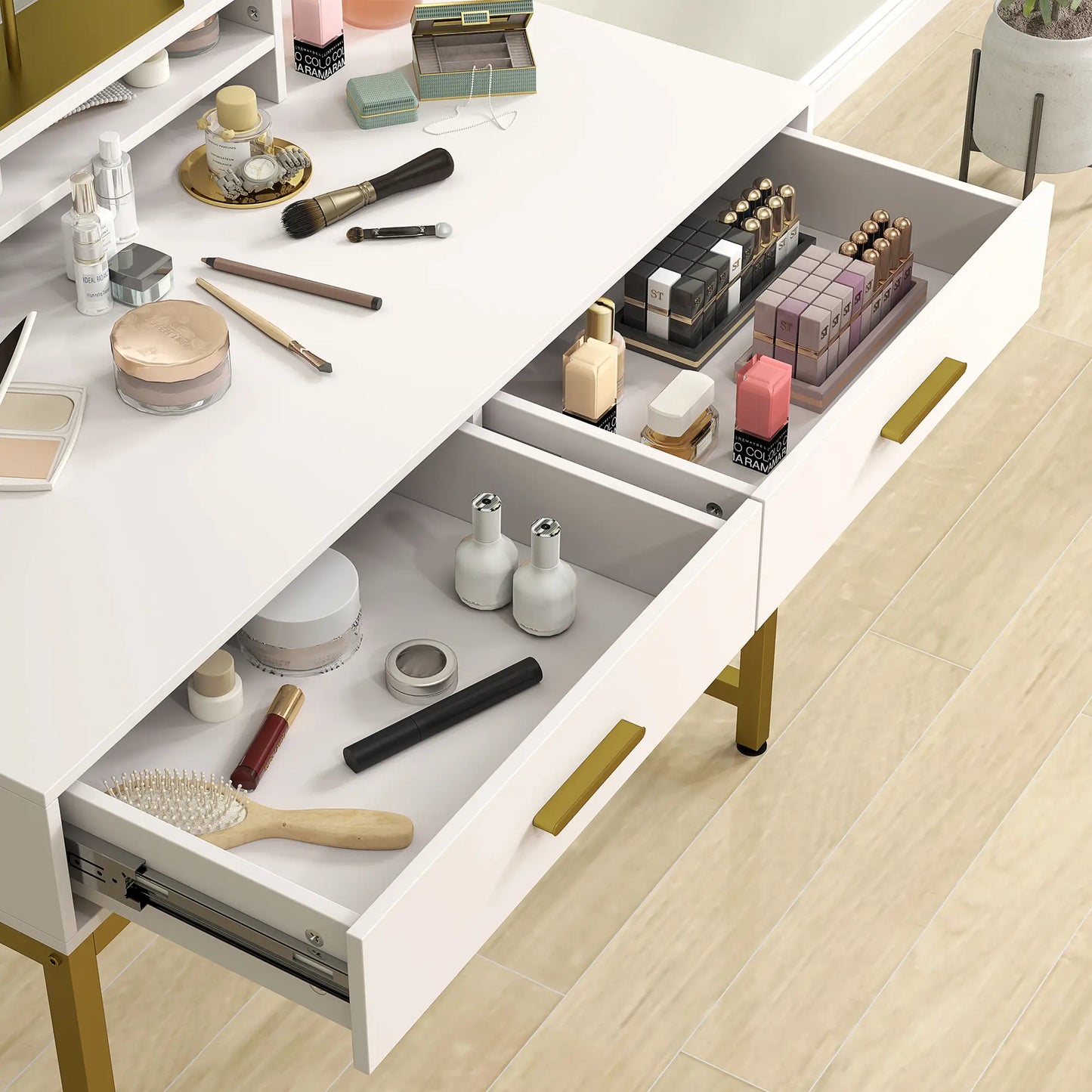 Nancy's Azinhage Kaptafel - Make Up Tafel Met Spiegel en Verlichting - Wit / Goud - ± 100 x 50 x 140 cm