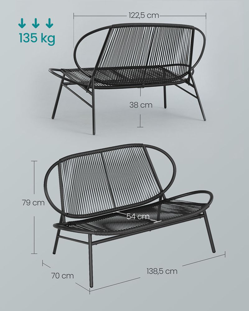 Nancy's Serrazes Tuinbank - Bank voor Buiten - Zwart - Rotan - ± 140 x 70 x 80 cm