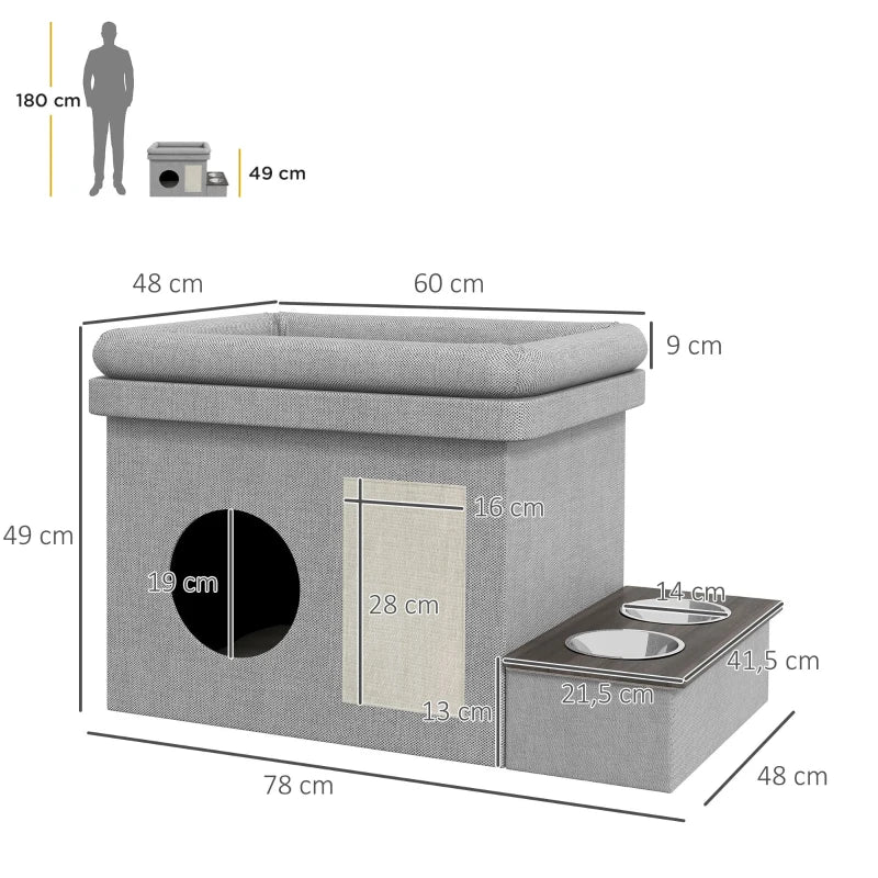 Nancy's Rosario Kattenbed - Kattenhuis - Met Voerbakken & Krabpad - Grijs / Wit - ± 80 x 50 x 50 cm