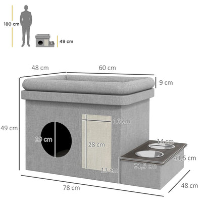 Nancy's Rosario Kattenbed - Kattenhuis - Met Voerbakken & Krabpad - Grijs / Wit - ± 80 x 50 x 50 cm