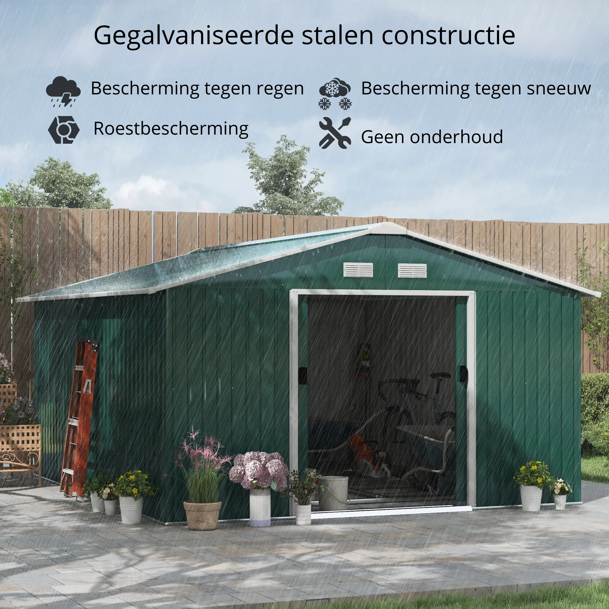 Nancy's Ínsua Opbergschuur - Tuinschuur - Gereedschapsschuur - Tuinhuisje - Groen - ± 340 x 390 x 200 cm