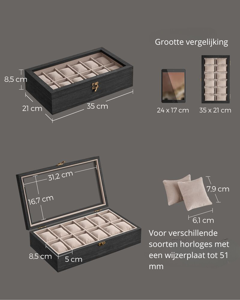 Nancy's Ourondo Horloge Doos - Horloge Opbergbox - Horloge Box - Zwart - Hout / Fluweel - Nancy Homestore