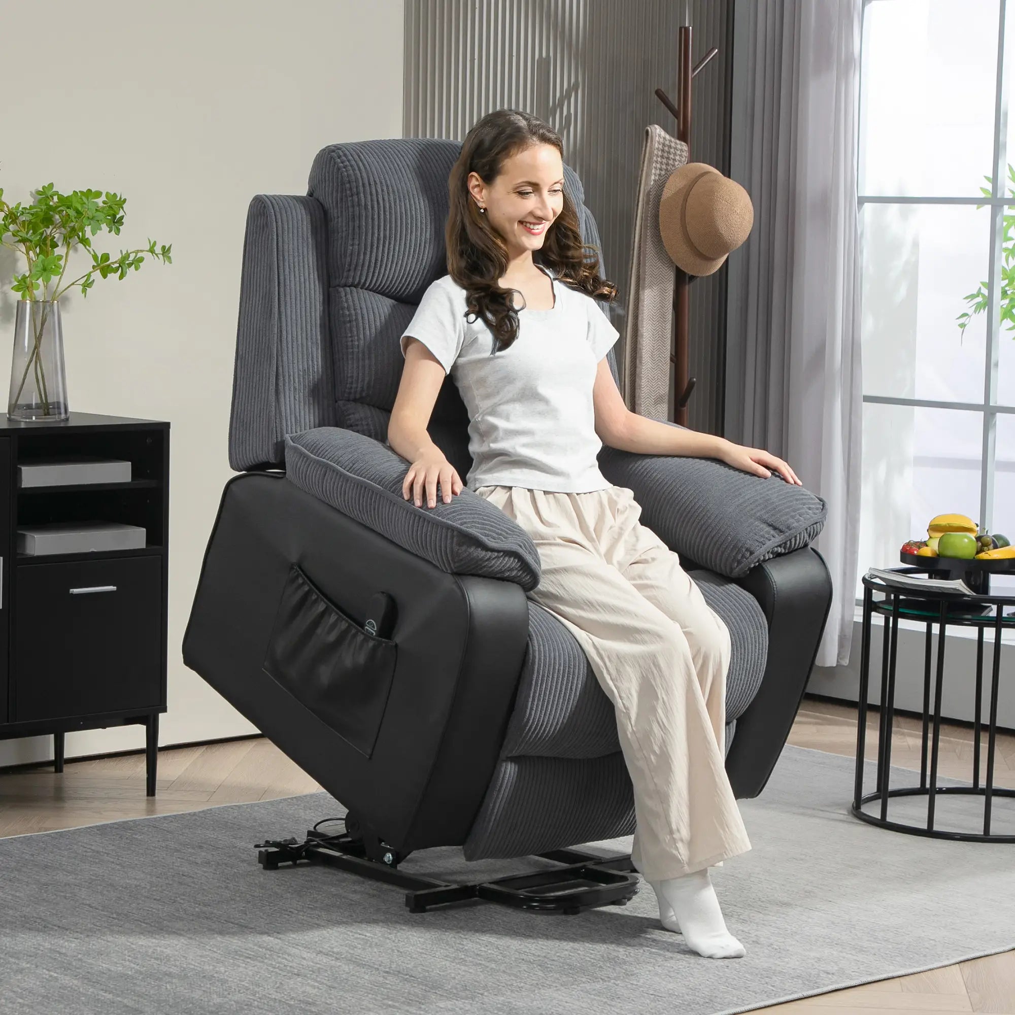 Nancy's Tabuadelo Sta op Stoel - Opsta Stoel - Seniorenstoel - Relaxfauteuil - Grijs - Ribfluweel