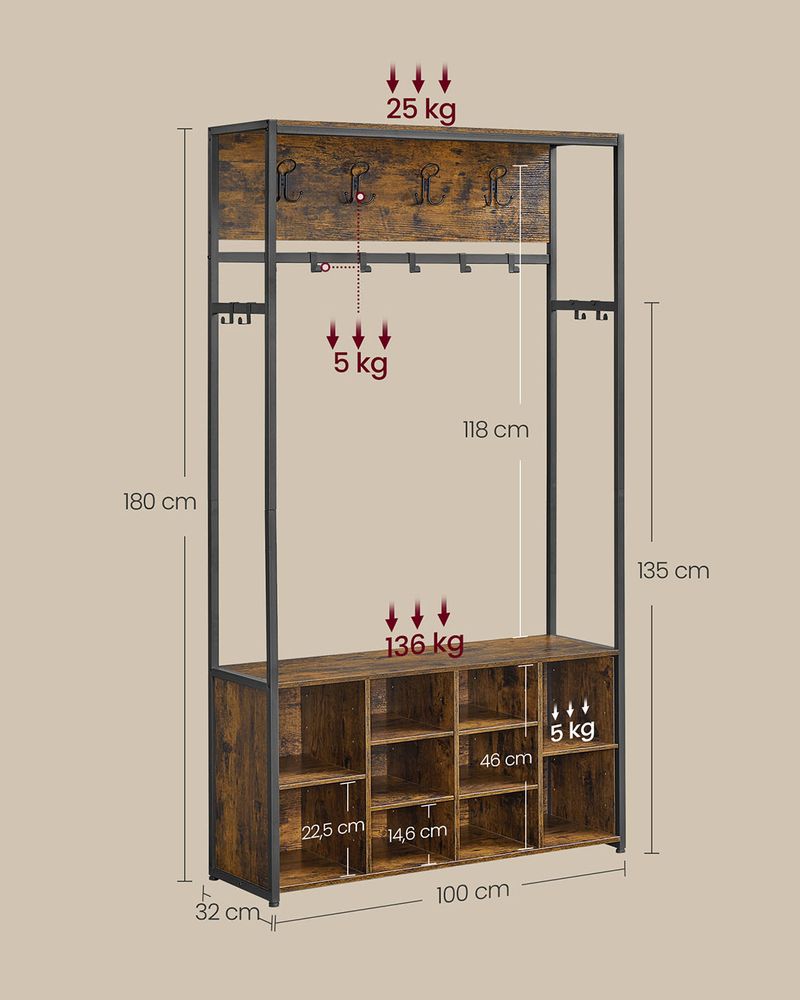 Nancy's Milagres Wandgarderobe - Garderobekast - Kapstok - Schoenenkast - Vintage Bruin / Zwart - ± 100 x 30 x 180 cm