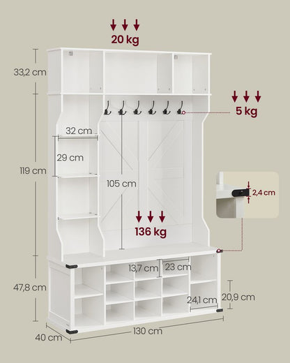 Nancy's Friúmes Wandgarderobe - Garderobekast - Garderobe - Kapstok - Wit - 130 x 40 x 200 cm