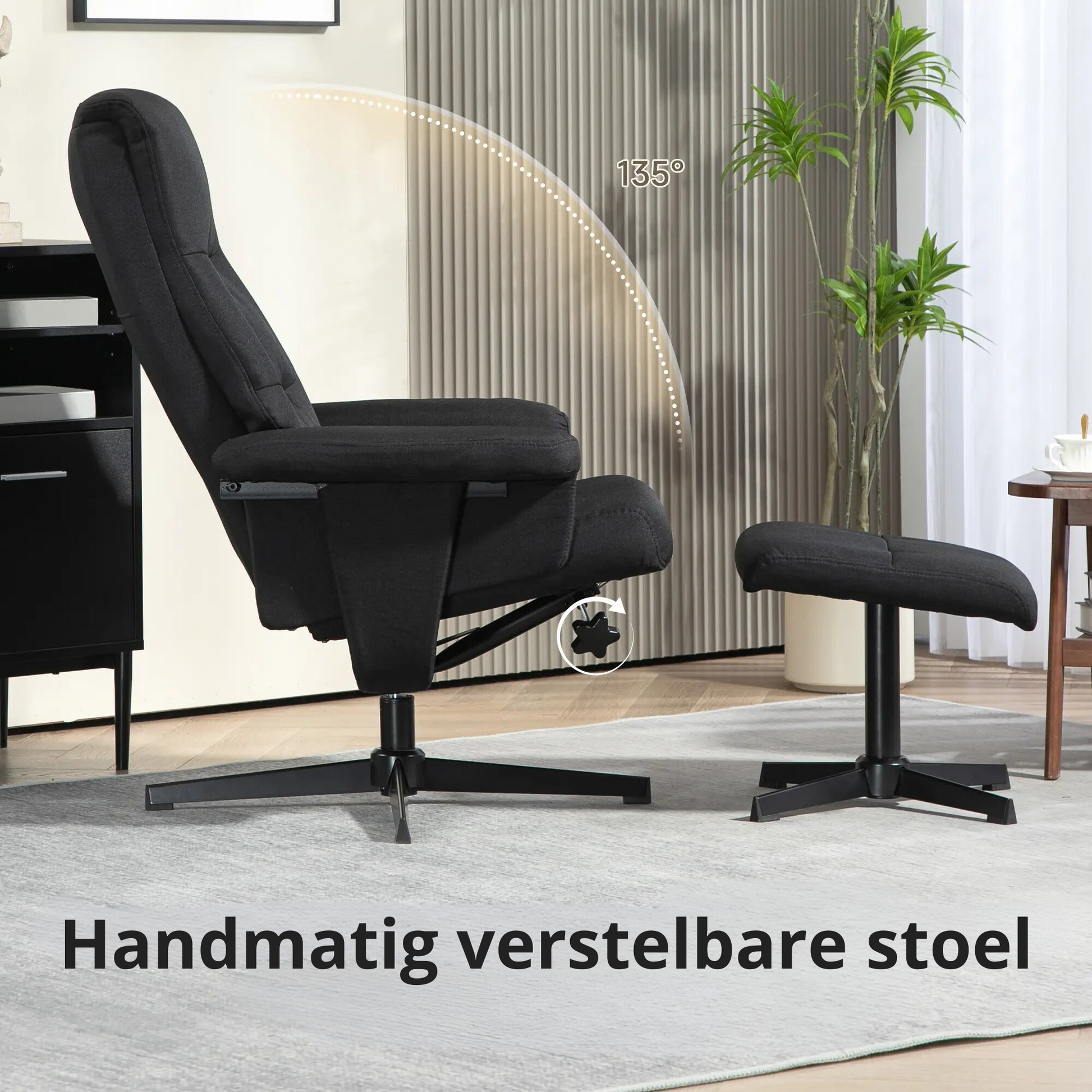 Nancy's Melres Relaxfauteuil met Voetenbankje - Relaxstoel - Fauteuil - Loungestoel - Zwart - Fluweel