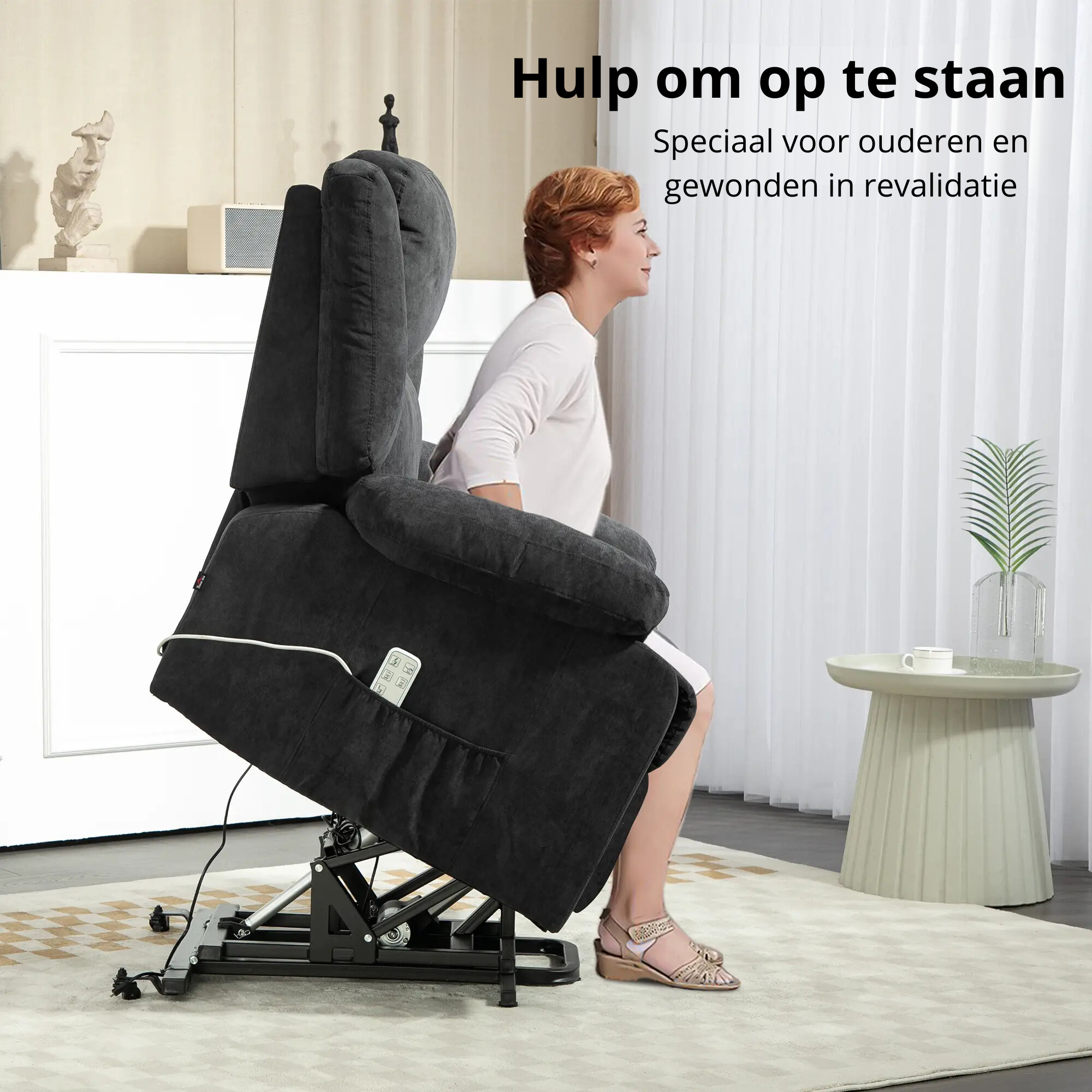 Nancy's Viseu Sta op stoel - Opsta stoel - Seniorenstoel - Relaxfauteuil - Zwart - Pluche