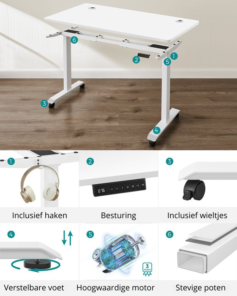 Nancy's Asiago Verstelbaar Bureau - Zit-Sta Bureau - Elektrisch Bureau - Wit - 120 x 60 x 71-117 cm