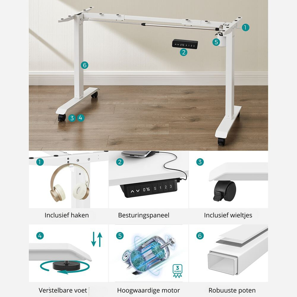 Nancy's Assemini Elektrisch Bureau Frame - Verstelbaar Tafelframe - Bureaustandaard - Wit - Staal