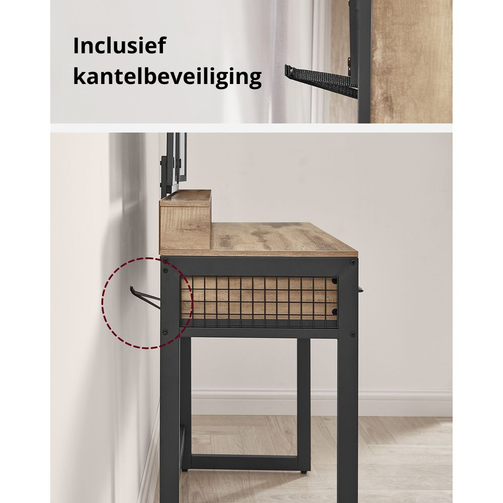 Nancy's Prados Make Up Tafel Met Spiegel en Hocker - Kaptafel - Kaptafel Kruk - Eiken Bruin / Zwart - ± 40 x 90 x 140 cm