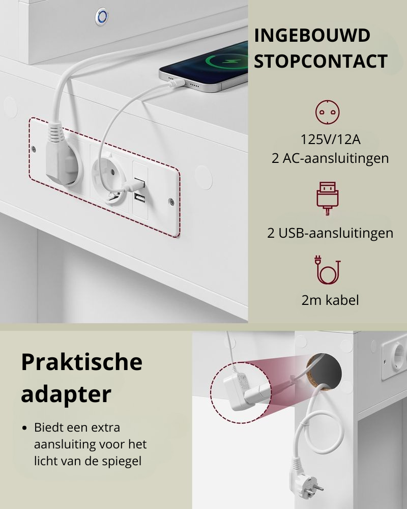 Nancy's Vascões Kaptafel - Make up tafel met Spiegel en Verlichting - Wit - 125 x 40 x 140 cm