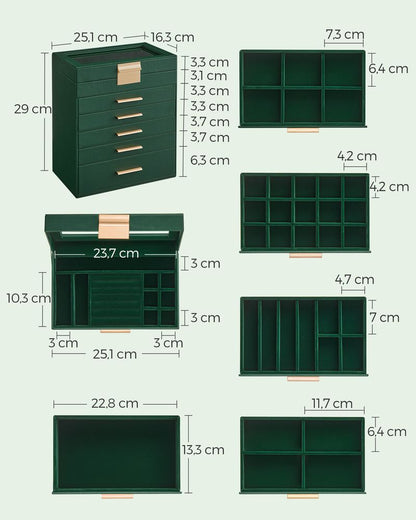 Nancy's Borore Sieradendoos - Juwelendoos - 6 Niveaus - Groen / Goud - ± 15 x 25 x 30 cm