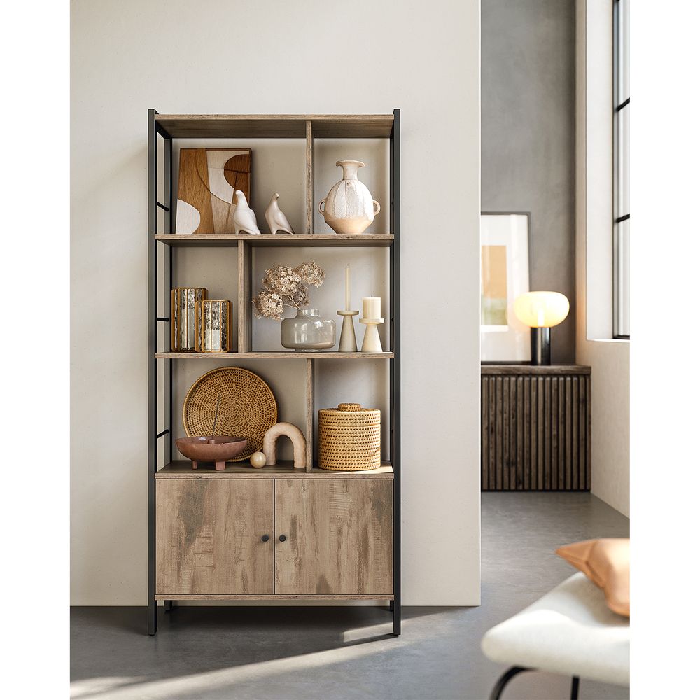 Nancy's Barigazzo Wall Cabinet - Bookcase - Storage Cabinet - Oak Brown / Black - ± 75 x 30 x 155 cm