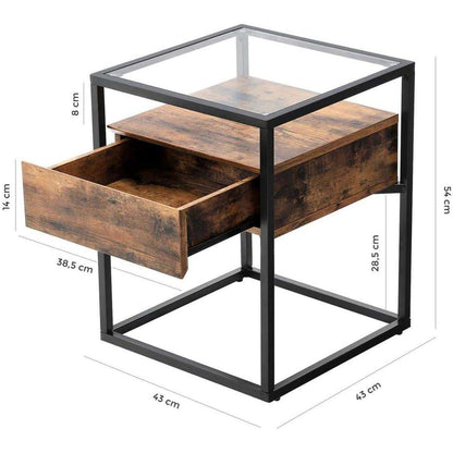 Nancy's Pullman Bijzettafel Met Glasplaat - Nachtkastje met Lade - Industrieel - Hout / Staal - 43 x 43 x 54 cm