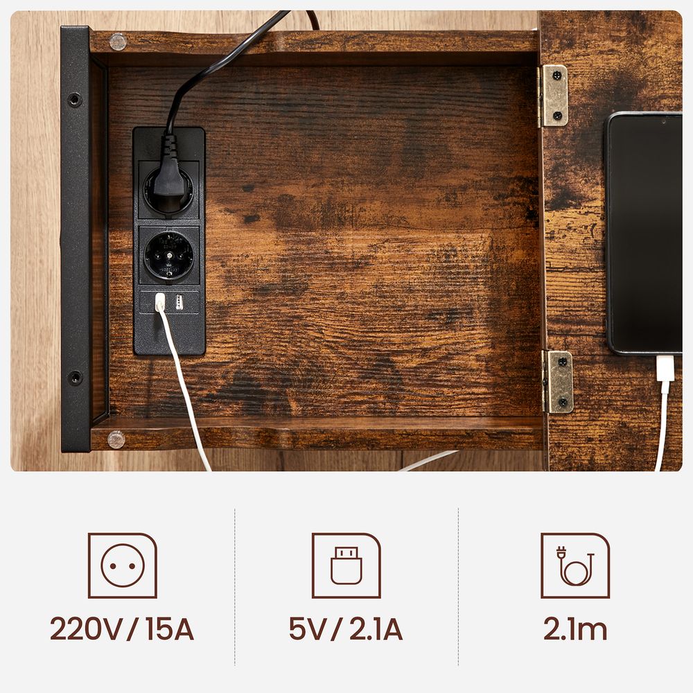 Nancy's Whiston Bijzettafel Met Stopcontacten- Zwart - Bruin - Staal - Industrieel - Nachtkastje - 60 x 31,5 x 60 cm L x B x H