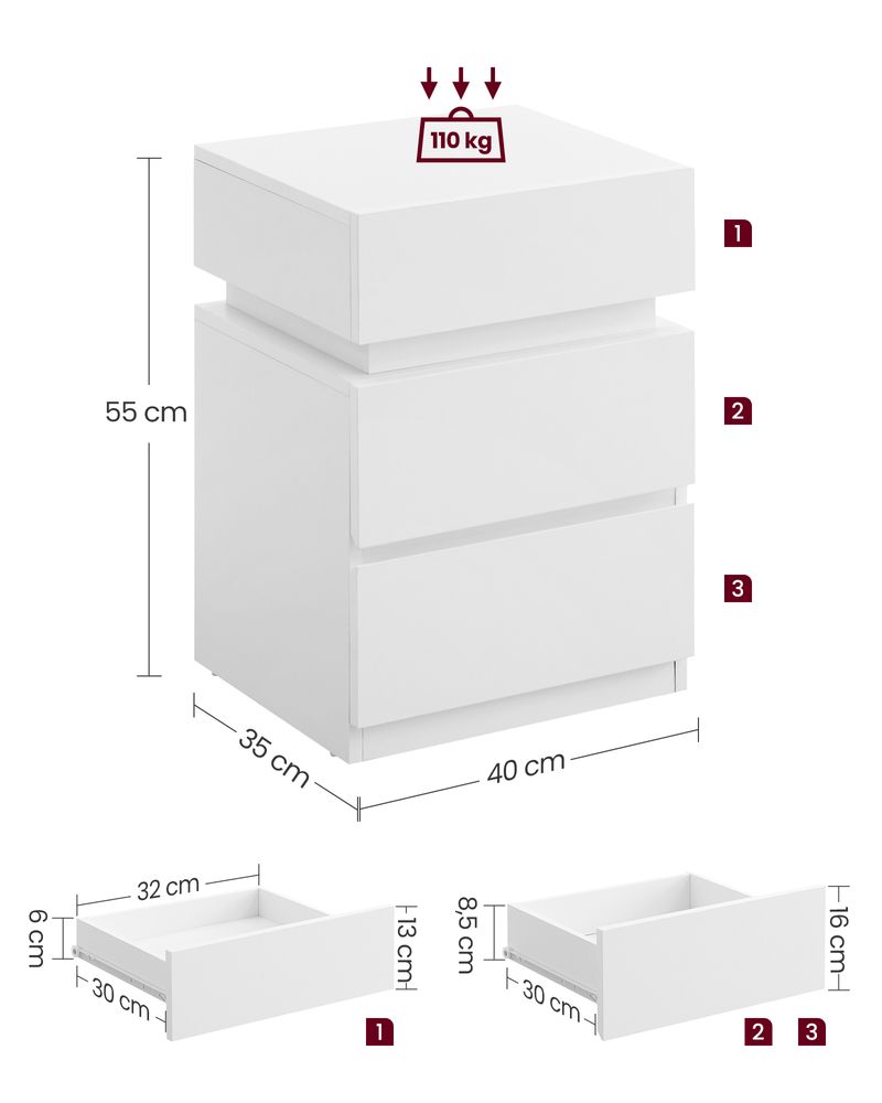 Nancy's Bovalino Nachtkastje - Bijzettafel - LED-Verlichting - Wit - ± 40 x 35 x 55 cm