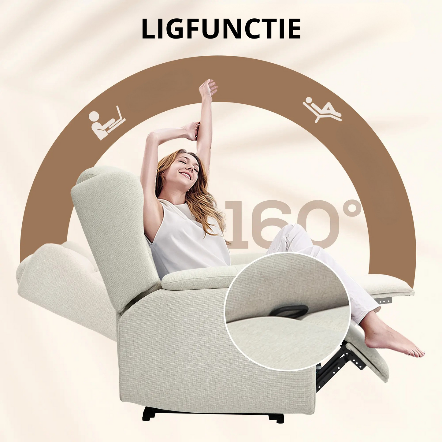 Nancy's Labruja Relaxfauteuil - Loungestoel - Relaxstoel - Verstelbaar - Beige - Katoen / Linnen