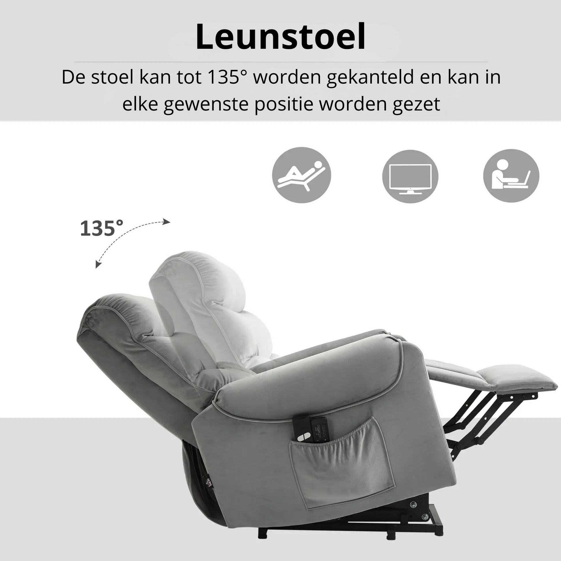 Nancy's Ruiva Sta op stoel - Opsta stoel - Seniorenstoel - Massagestoel - Relaxfauteuil - Grijs - Fluweel