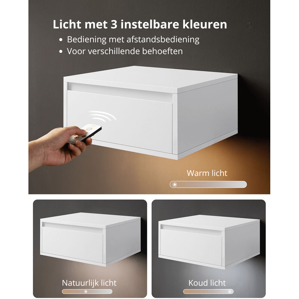 Nancy's Bova Nachtkastjes Set van 2 - Zwevende Lades - Met verlichting in 3 kleuren - Wit - ± 40 x 35 x 20 cm 